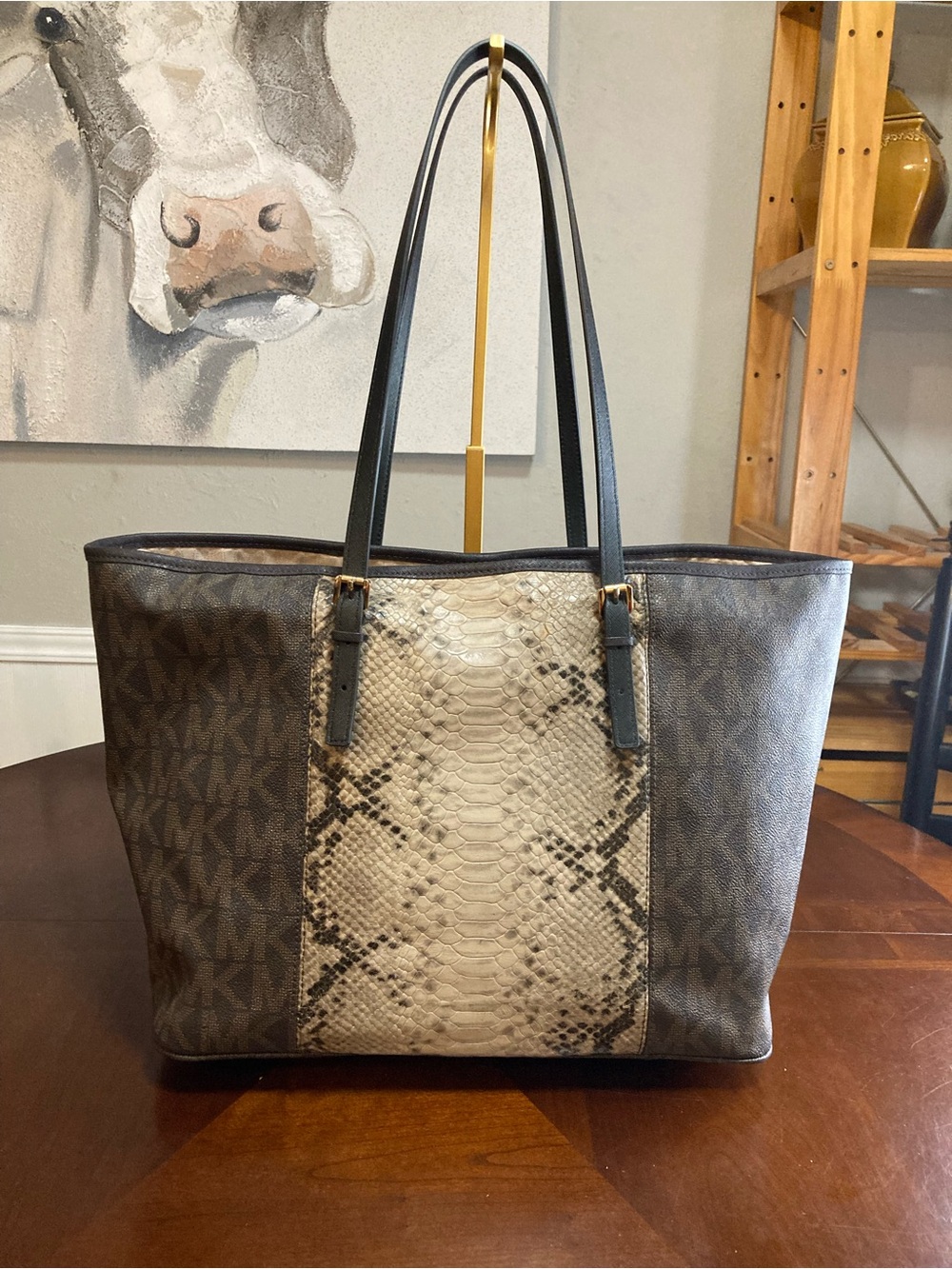 Michael Kors Jet Set Travel Tote | Signature MK Python Print | Chala Owl Charm - Picture 6 of 15